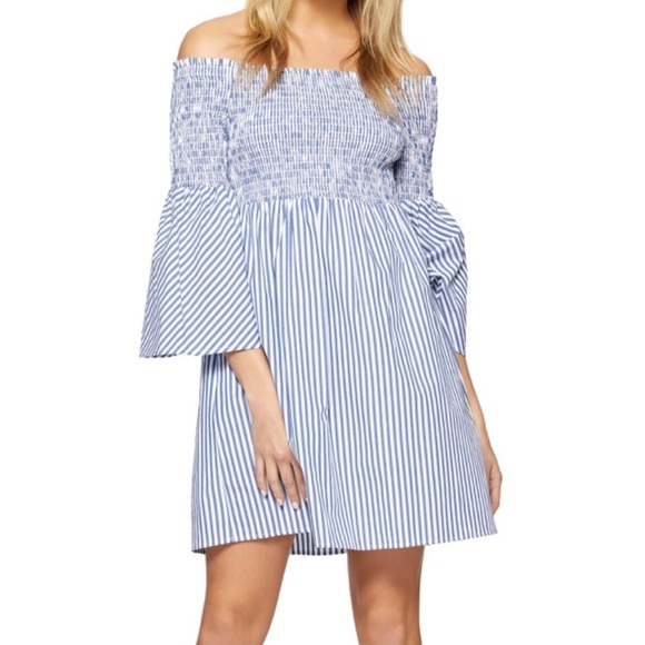 Zara Dresses & Skirts - Zara Woman Off Shoulder Shirred Tunic or Mini Dress | blue, white | size small